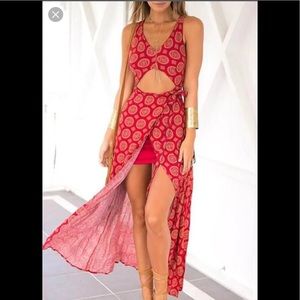 Red boho cutout maxi slit leg